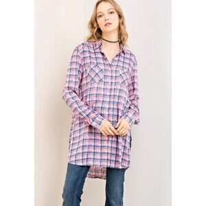 Entro Pink Purple Plaid Button Up Long Tunic Blouse SMALL NWOT 100% Rayon